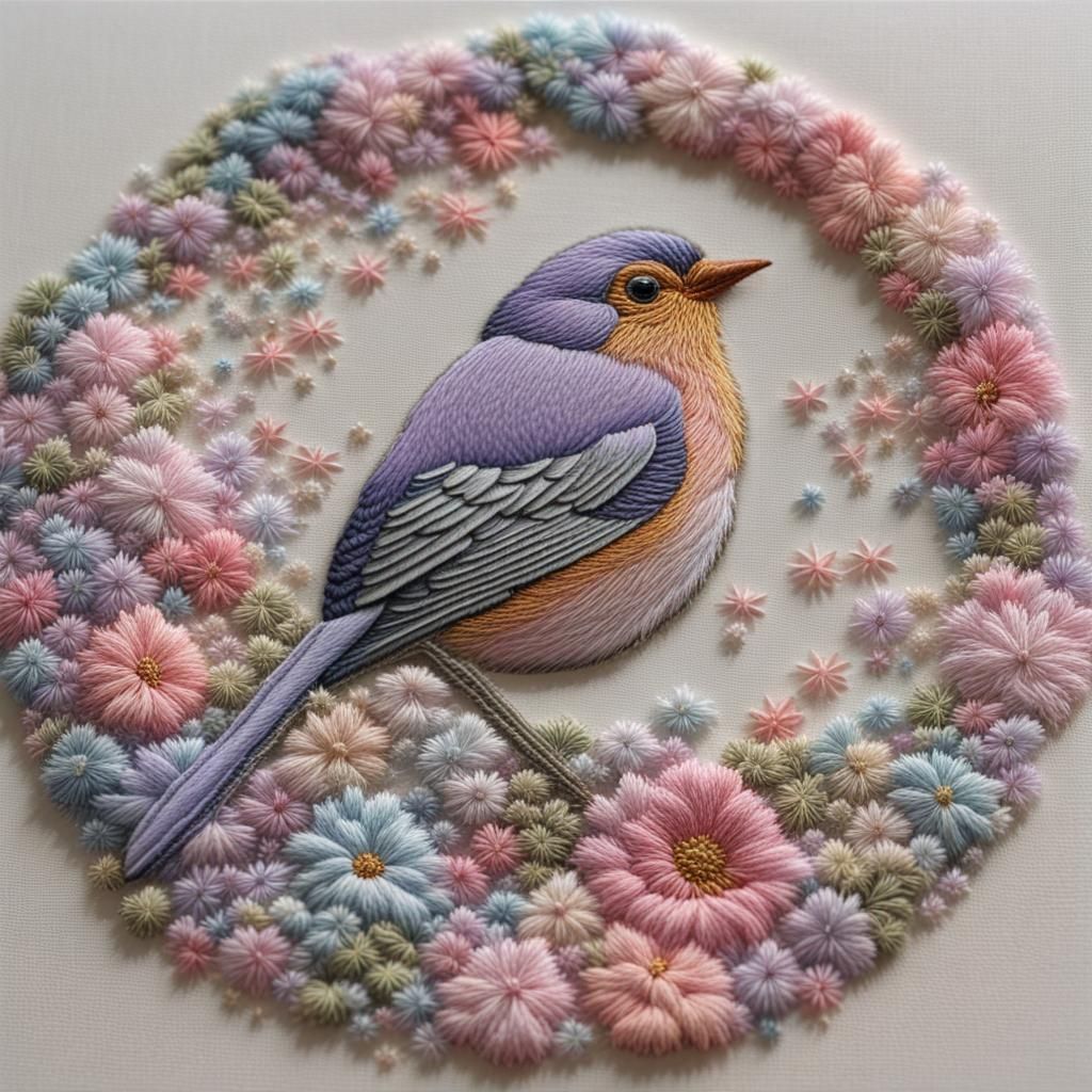 Pastel Embroidered Robin in Starry Scene