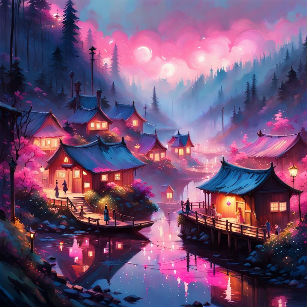 Ethereal Fairy Village in Watercolor Painting