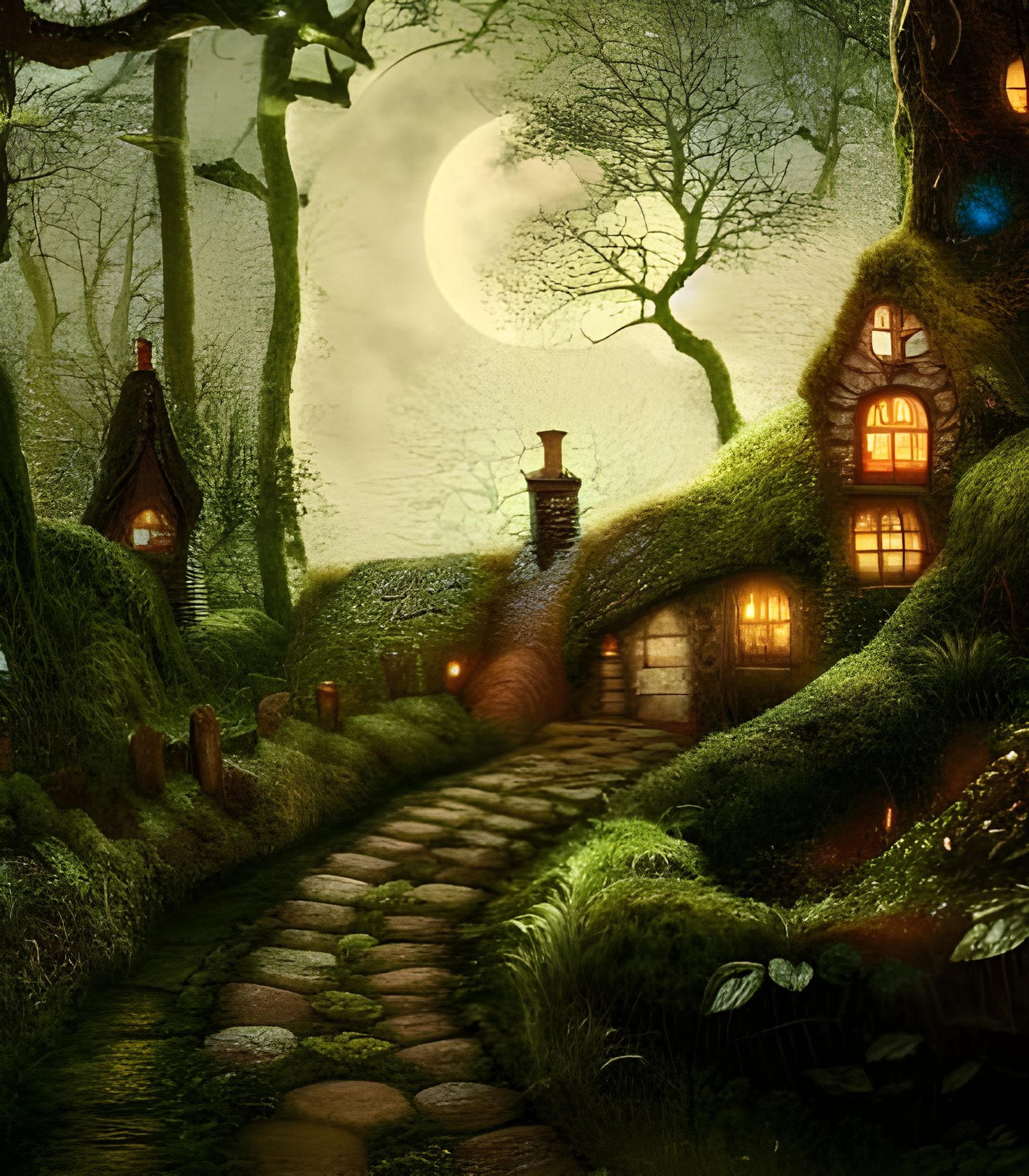 Enchanted Cottage in Moonlit Forest: Matte Painting