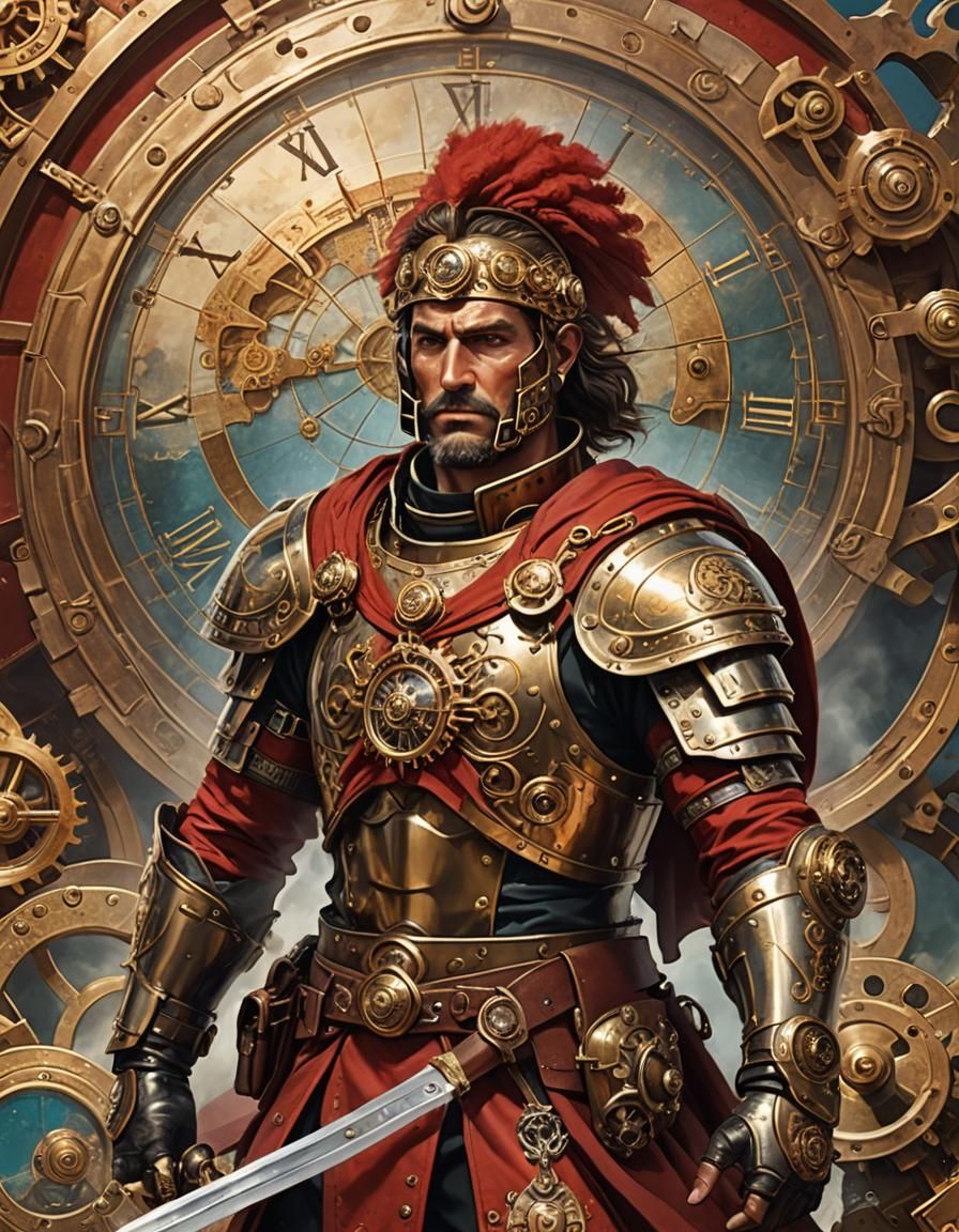 Steampunk Ancient Greek Commander with Steam-Powered Sword