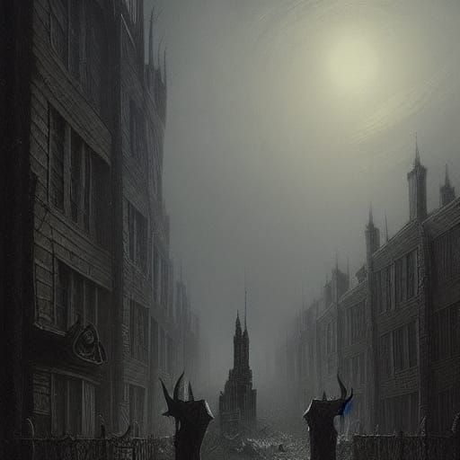 Lovecraftian Horror in Medieval Town: Doré and Rutkowski Sty...