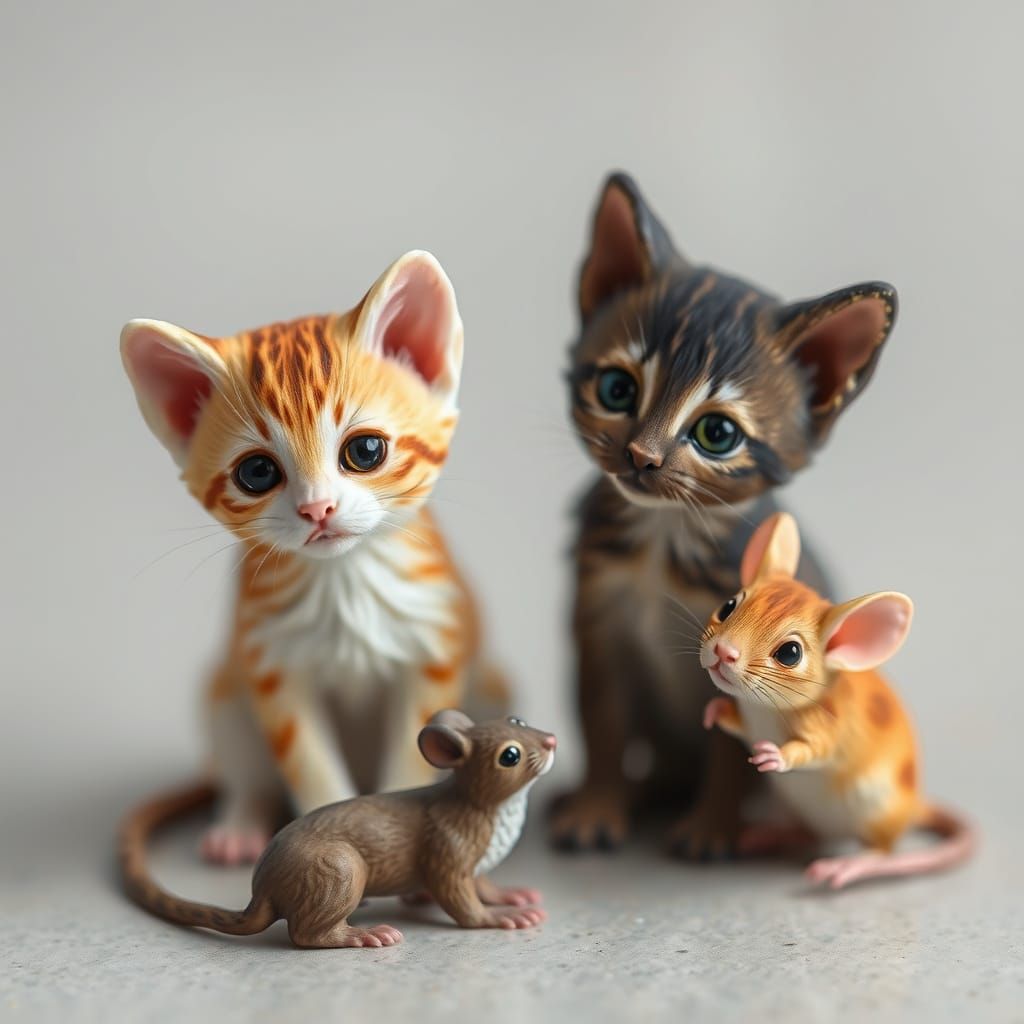 Whimsical Feline Mice Encounter in a Watercolor Aesthetic