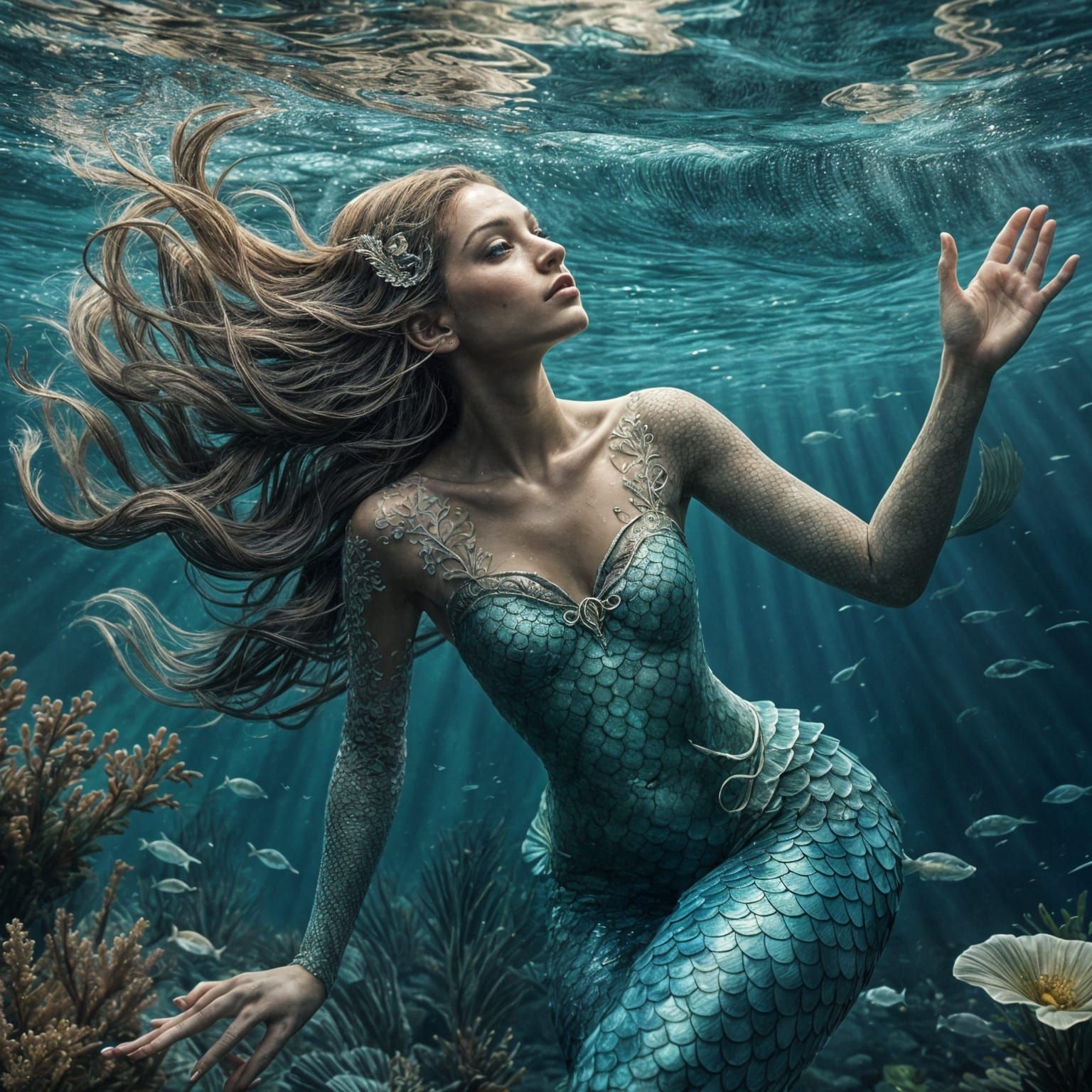 Hyperrealistic Mermaid Swimming Underwater in Detailed Setti...