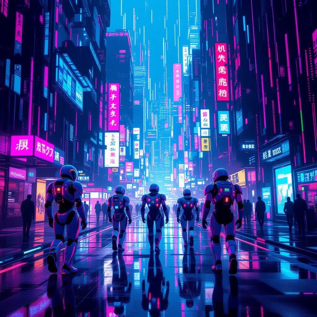 AI Robots Explore Neon Cyberpunk Cityscape