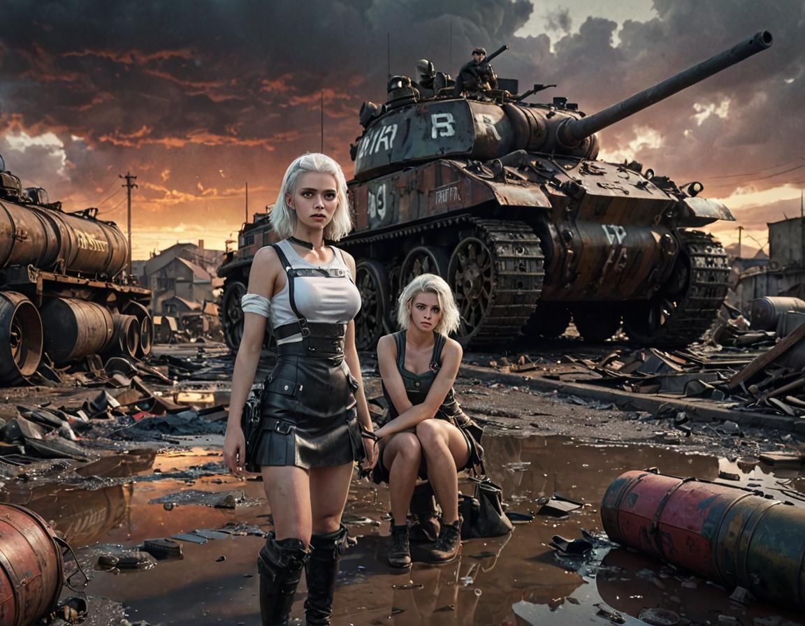 Dieselpunk Soldier in Industrial Setting with Panzer Tank