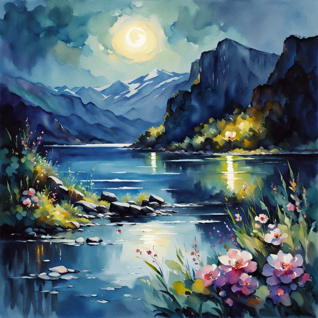 Shimmering Glacial Lake in Watercolor Style