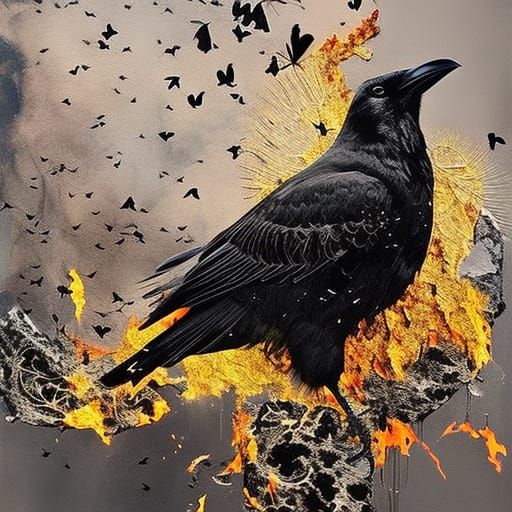 Raven Double Exposure Collage with Burning Butterflies