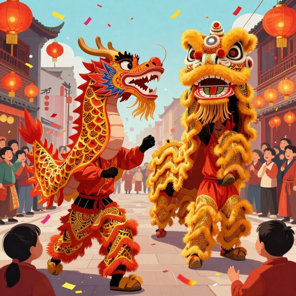 Vibrant Dragon and Lion Dances at Street Festival