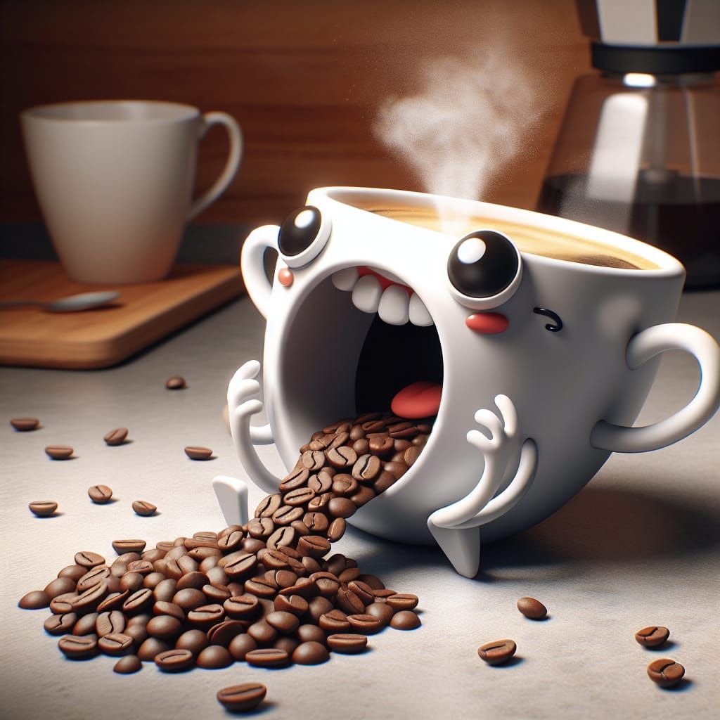 Humorous Coffee Cup Coughing Up Coffee Beans