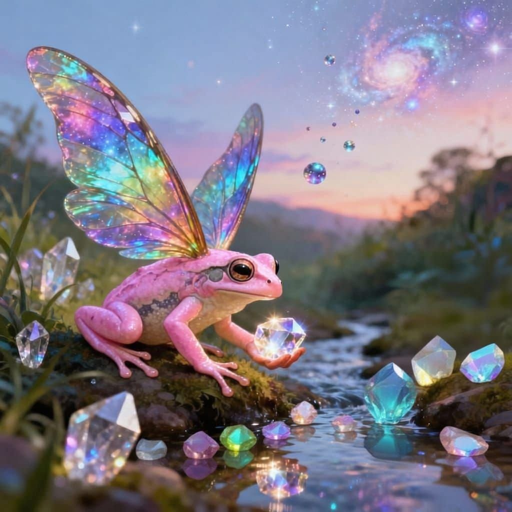 Winged Frogs Gathering Crystals by a Cosmic Creek