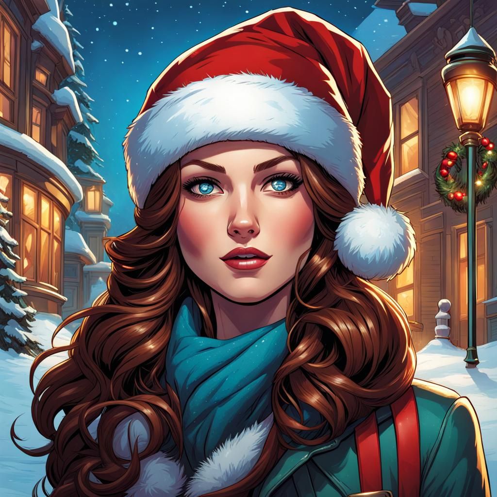 Smiling Girl in Christmas Hat, Comic Book Art