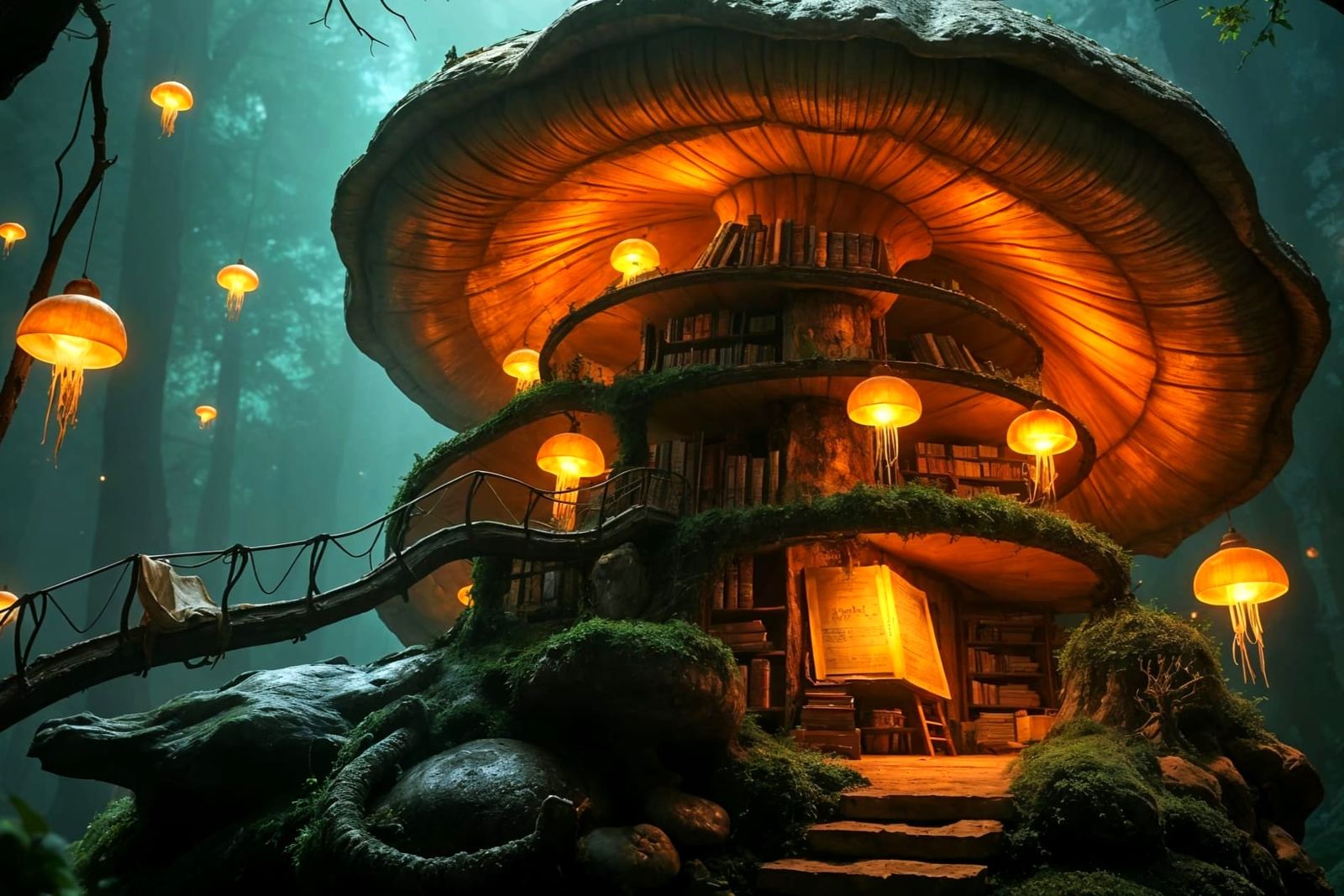 Surreal Fungal Library in a Bioluminescent Mushroom Habitat