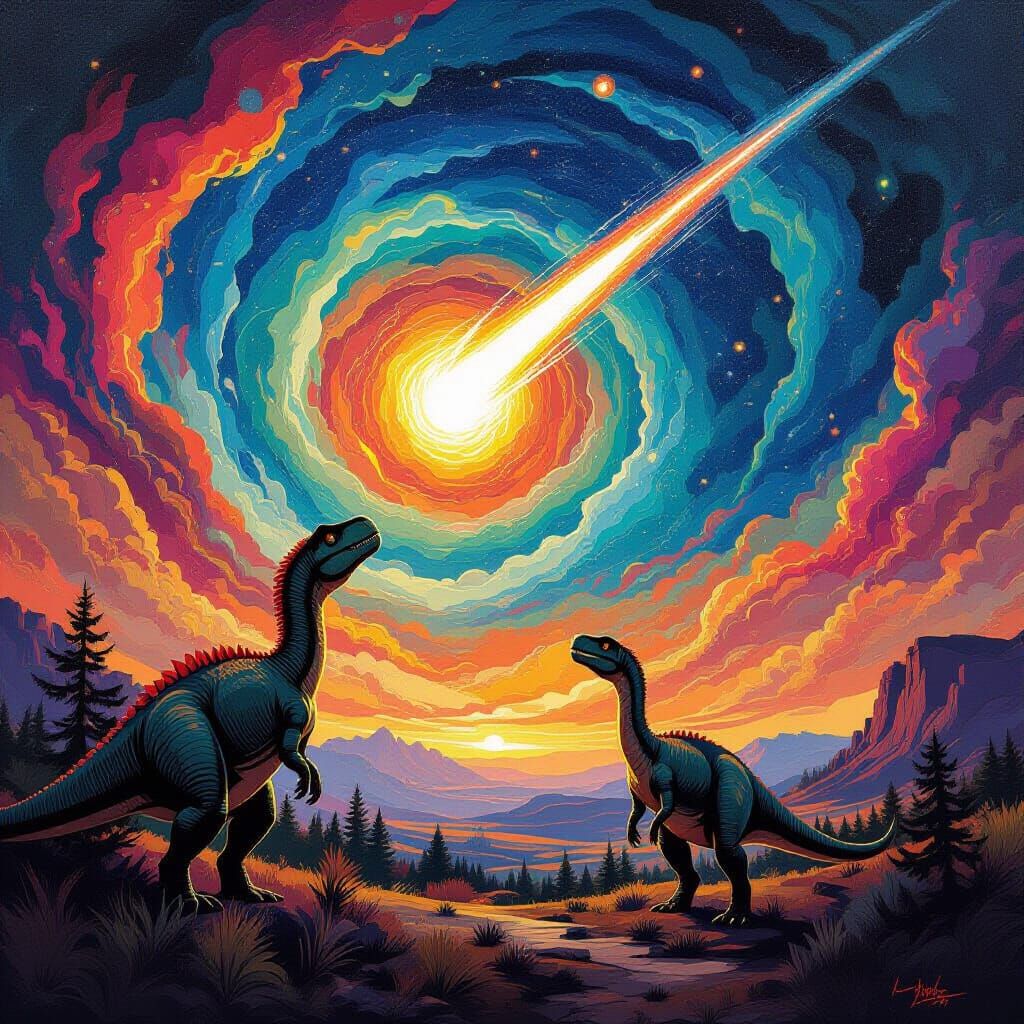 Jurassic Dinosaurs Watch Approaching Comet in Acrylic Style