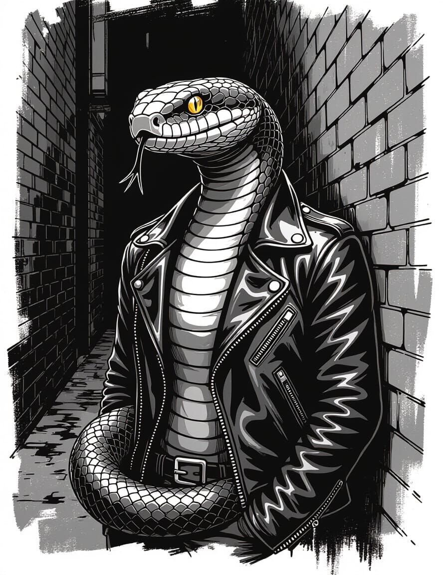 Anthropomorphic Snake in Alleyway, Brush Sketch Style