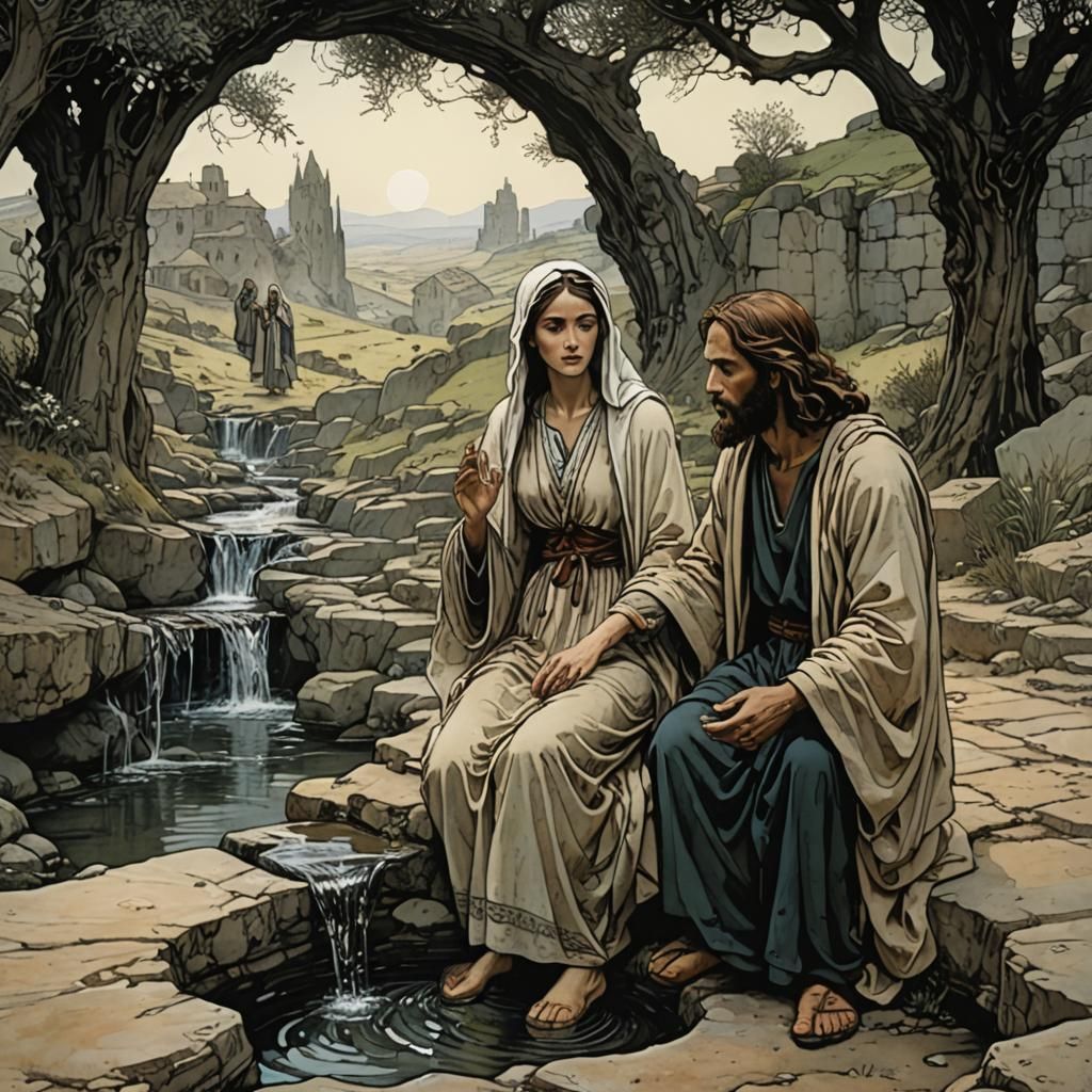 Jesus and Woman at Well, Expressive Illustration