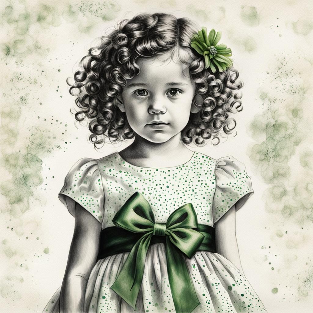 Charcoal Drawing of Pretty Girl with Green Flower
