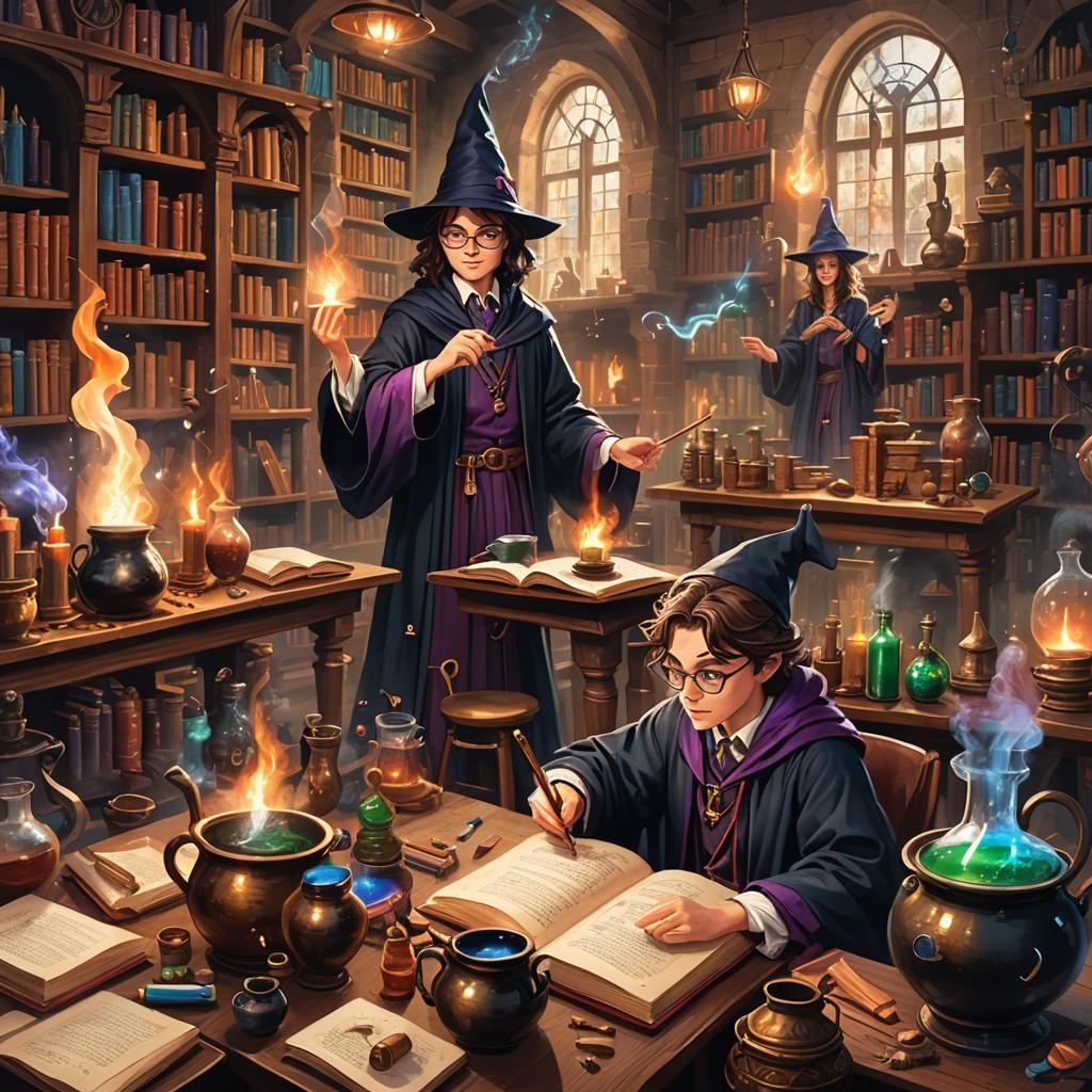 Young Wizard Practices Spells in Magical Library