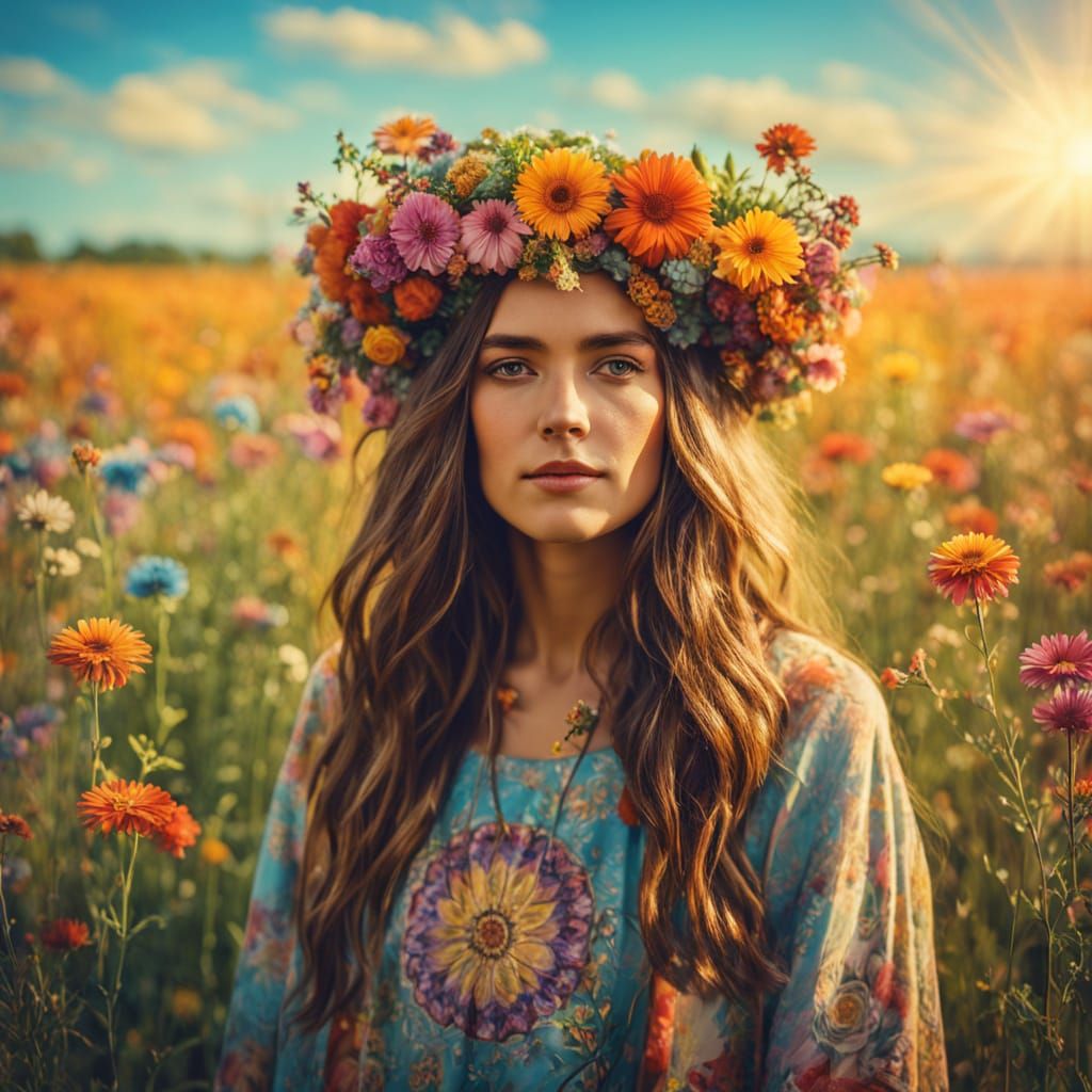 Psychedelic Portrait of Hippie Girl with Flower Crown