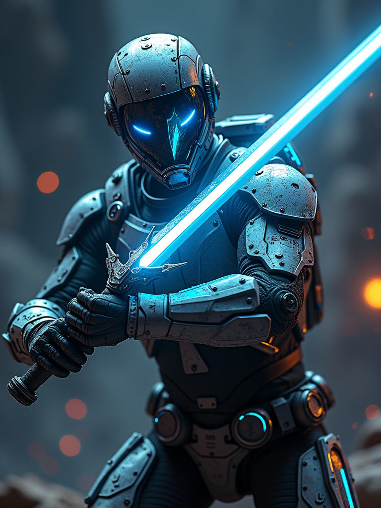 Futuristic Swordsman Charges Energy Blast in Space