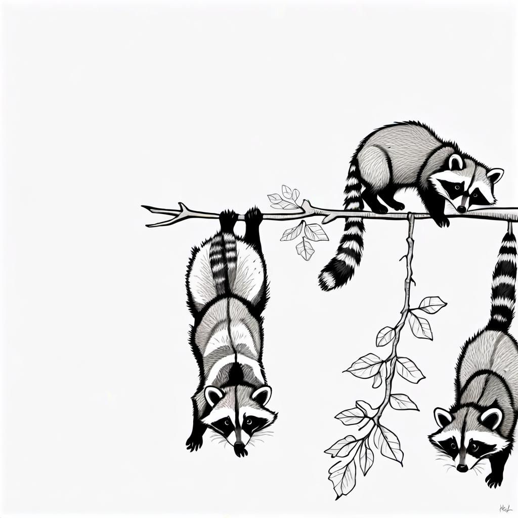 A Drawing of a branch with raccoons hanging upside down from...