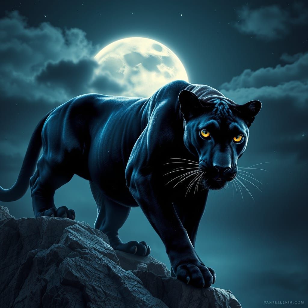 Majestic Black Panther Under Moonlight: Photorealistic Art