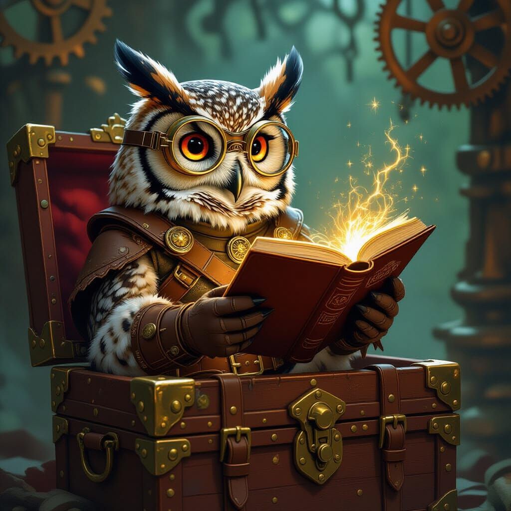 Pirate Owl Reading a Glowing Book in Steampunk Style