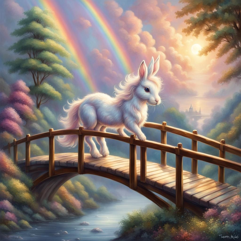 Kawaii Bunny on Unicorn Above the Clouds