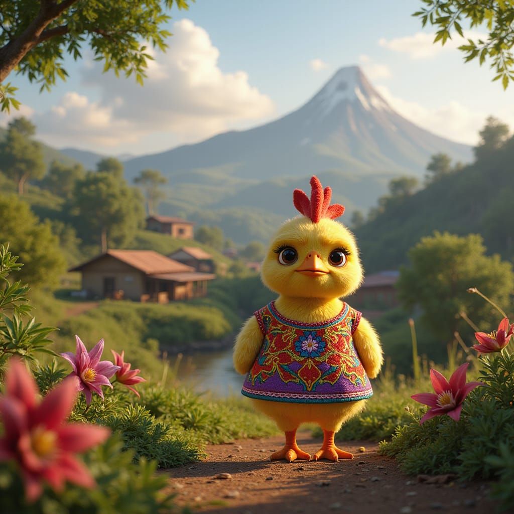 Grumpy Chick in Mexican Village, Pixar-Style 3D Art