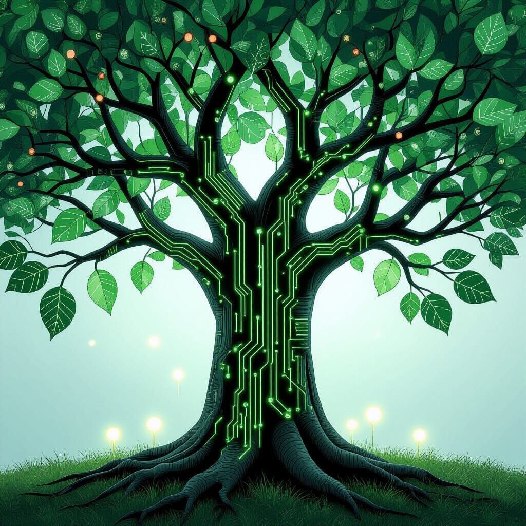 Cybernetic Tree with Glowing Circuits and Copper Wires