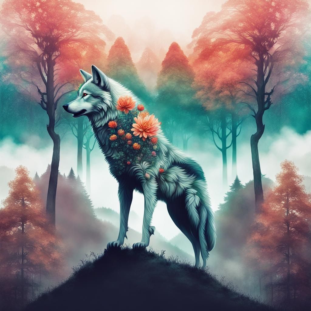 Double Exposure Flower Wolf Fantasy Concept Art