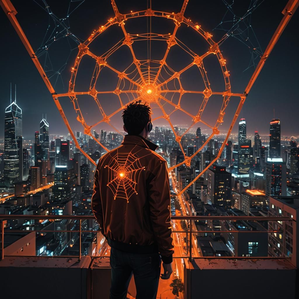 Futuristic Cityscape with Glowing Web and Balcony View
