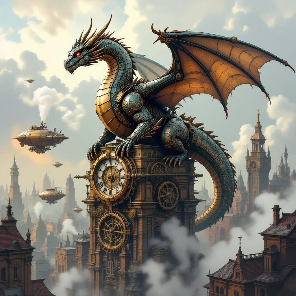 Steampunk Dragon Over Clockwork City