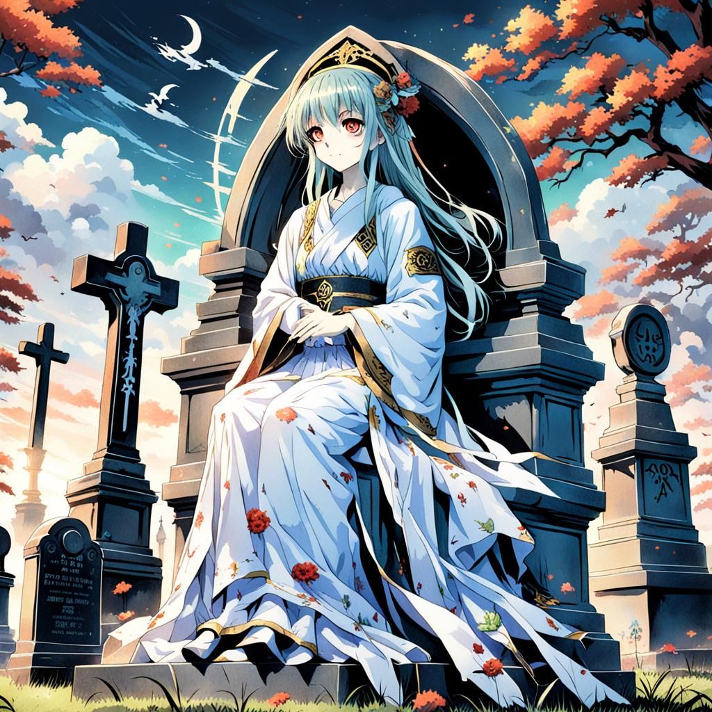 Anime Goddess in Cemetery Scene
