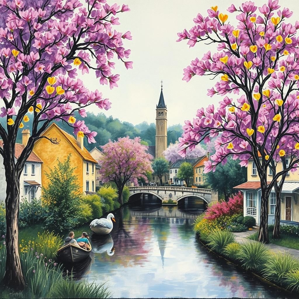 Town with Jacaranda Trees in Neo-Impressionistic Style