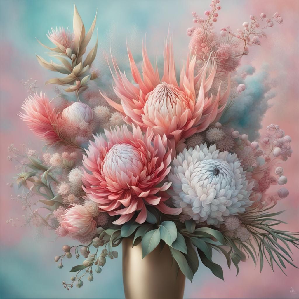 Protea Bouquet Dissolving into Vapor: A 3D Render