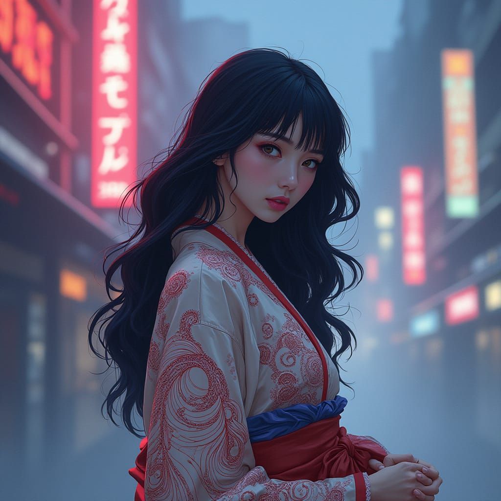Surreal 80s Anime Goddess in Mysterious Neon Cityscape