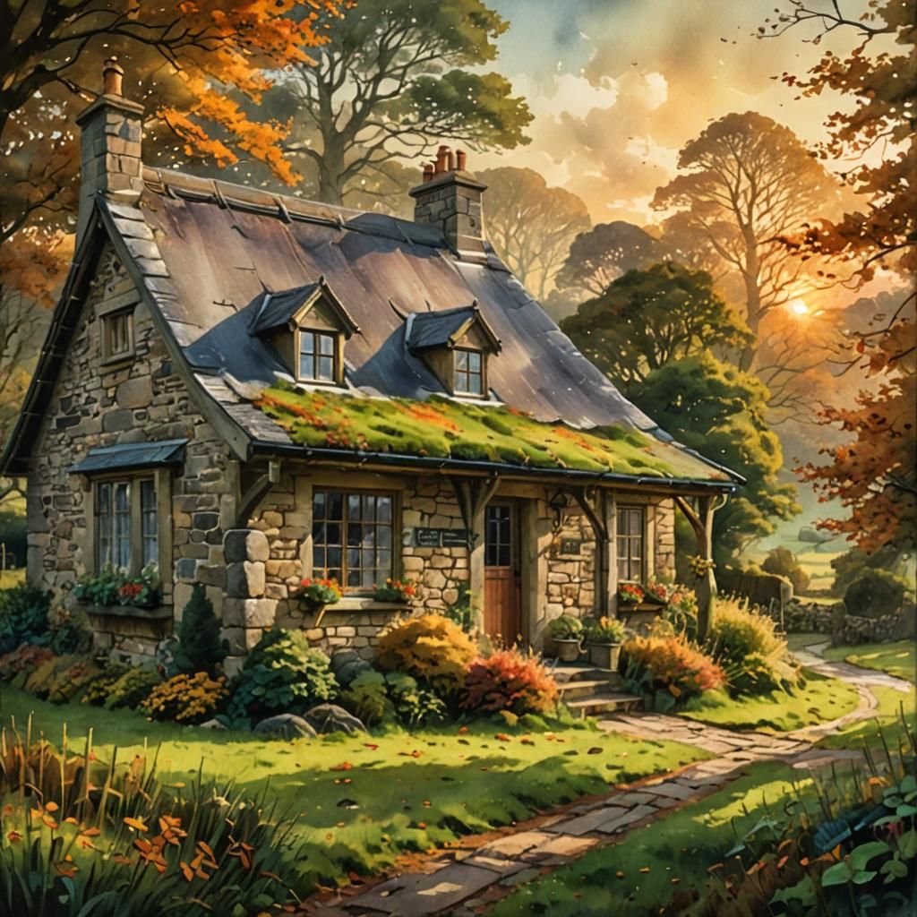 Autumnal Welsh Cottage in Watercolor Style