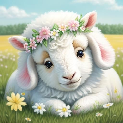 Pastel Watercolor: Lamb with Flower Crown