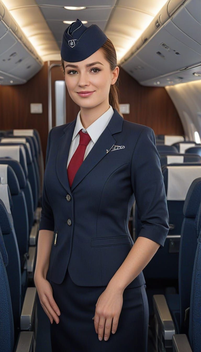 Beautiful Female Flight Attendant in Elegant Uniform