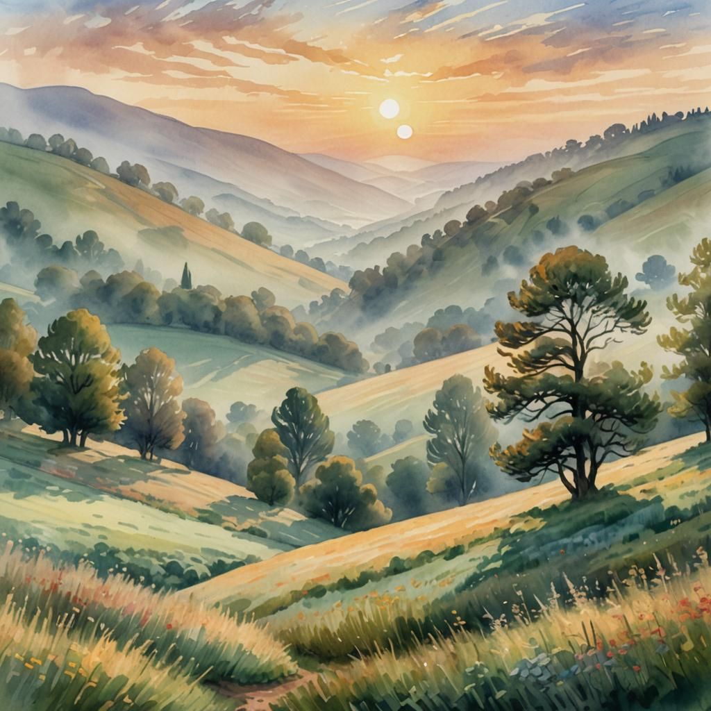 Post-Impressionist Digital Watercolor Summerscape at Sunset