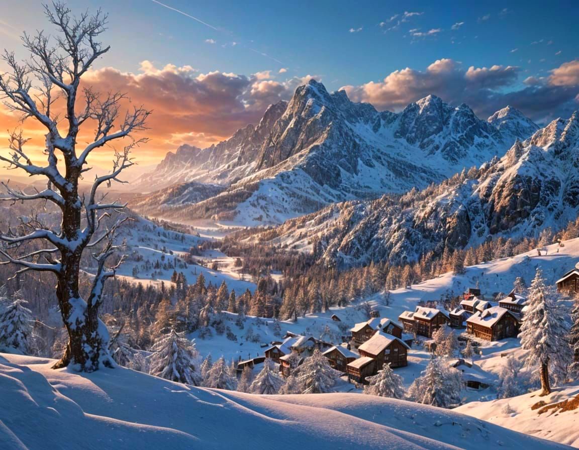 Epic Dark Fantasy Mountain Sunset in CGI Style