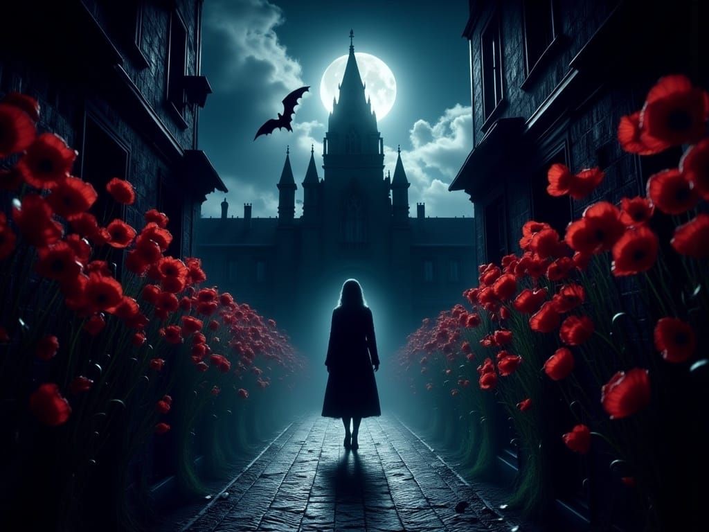 Ethereal Lady Amidst Darkened Palace and Red Poppies
