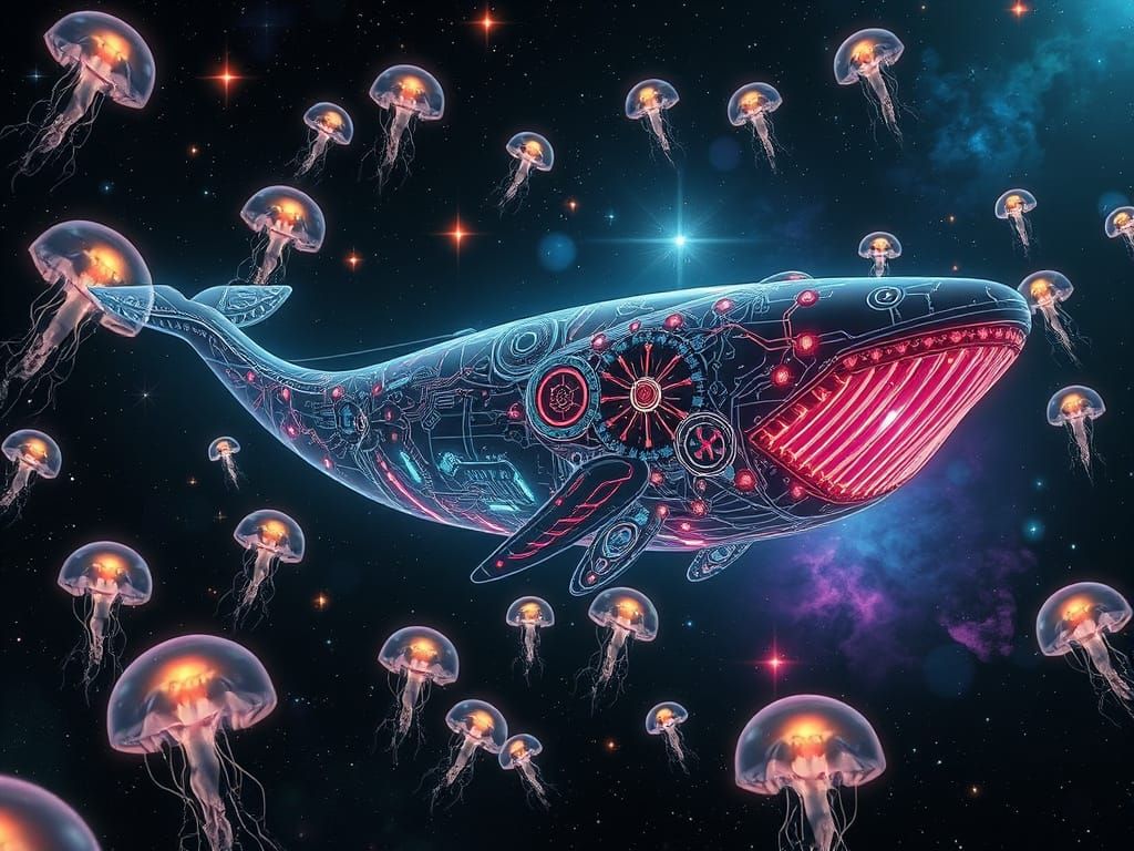 Glowing Whale Spaceship Sails Through Starry Deep Space