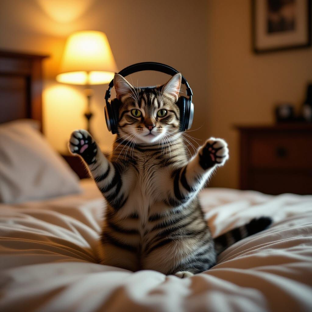 Cat Dancing with Headphones in Cinematic Film Still