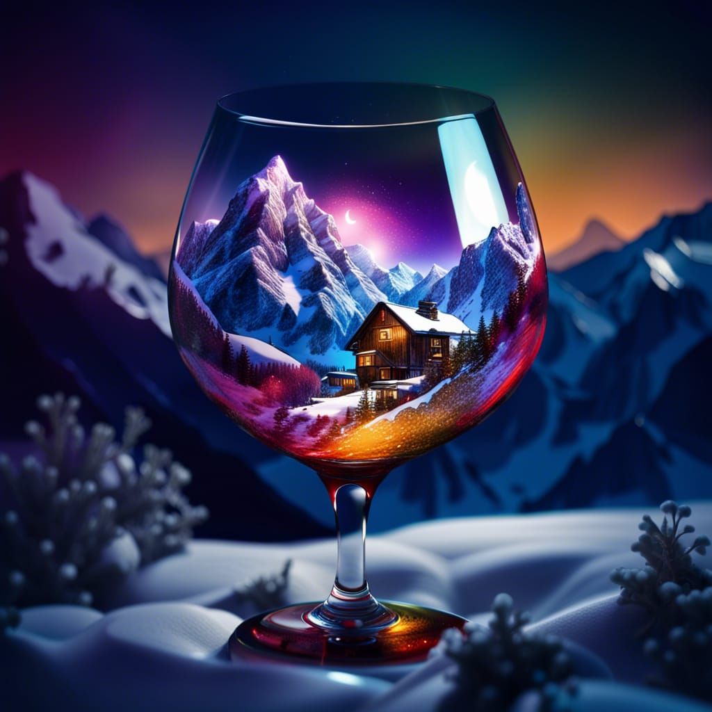 Winter Landscape in Wine Glass: Hyperrealistic Concept Art