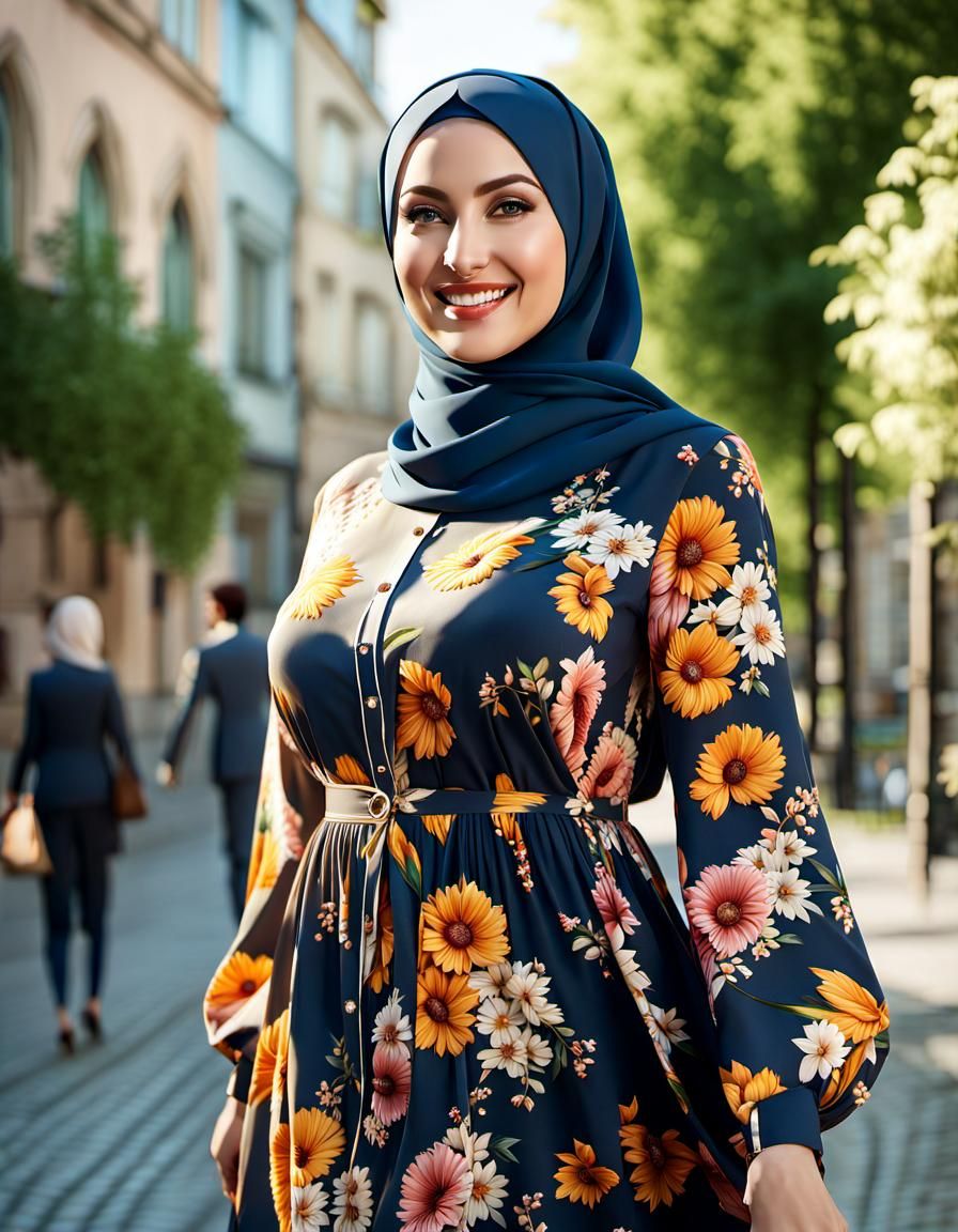 Beautiful Hijabi Woman in City, Digital Art