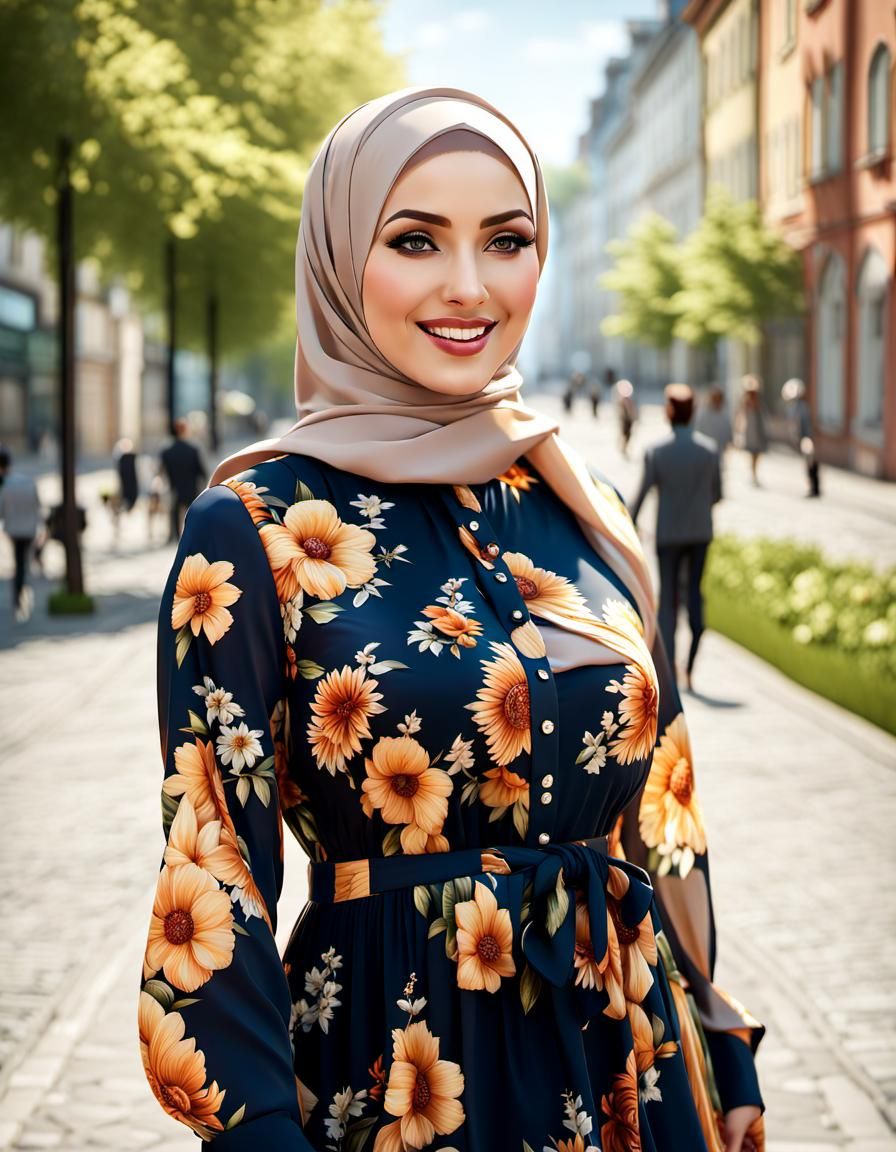Beautiful Hijabi Woman in City, Digital Art