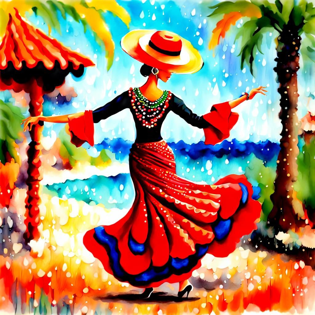 Beads Dancing Flamenco in Paradise: Watercolor Street Art