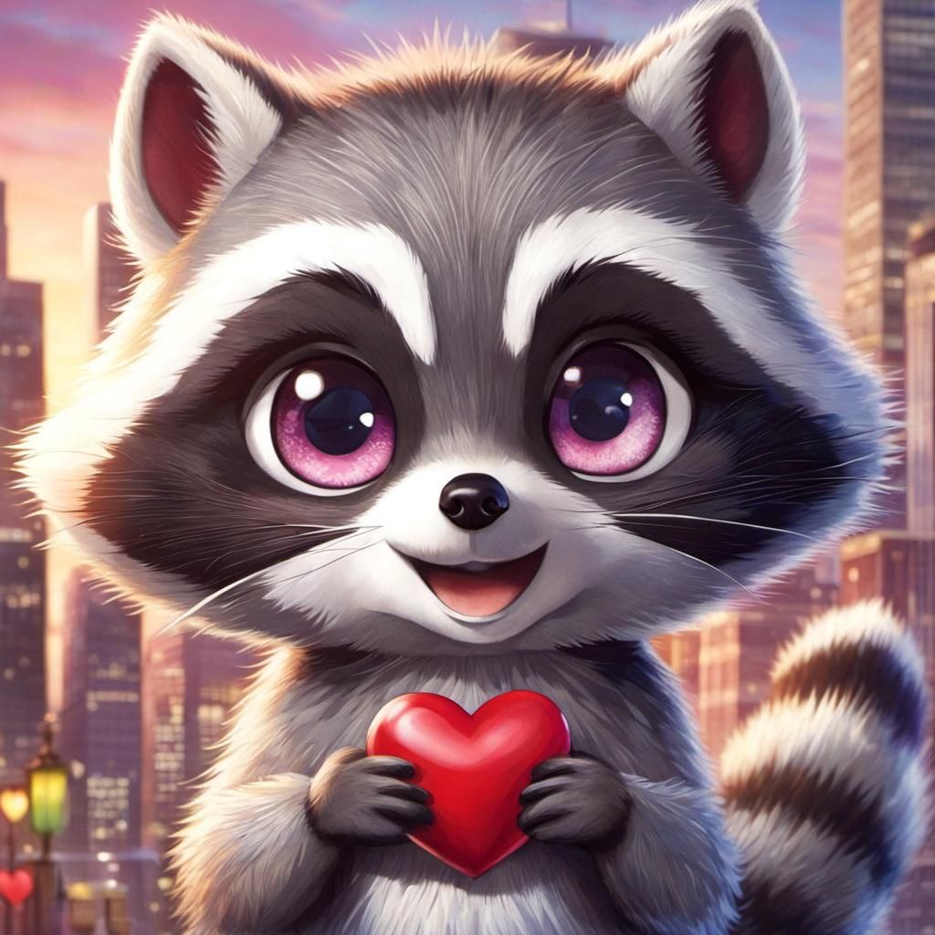 Adorable Chibi Raccoon with Heart in Anime Style