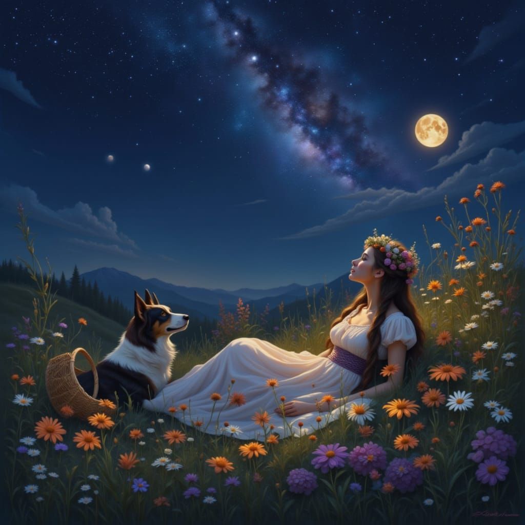 A tranquil, dreamlike scene of a woman in a long, flowing hoop skirt or Victorian-style dress lying in a lush wildflower...
